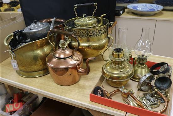A group of assorted metalware and a glass shade